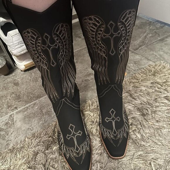 🆕Womens Black Faux Leather Knee High Cowboy Chunky Heel Tall Western Boots - Picture 1 of 11